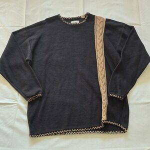 Mossimo Vintage 90s Mens XL Black Cotton Knit Sweater Cable Stripe Whipstitch